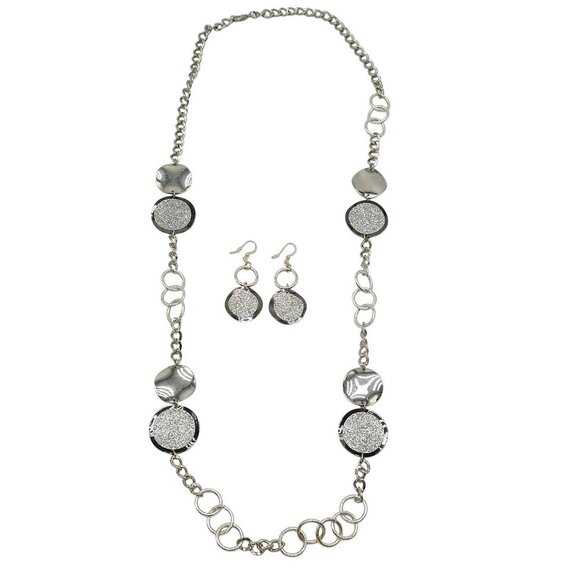 Silver-Tone Long Chain Necklace Earrings Set With Glittering Textured Discs - Picture 1 of 7
